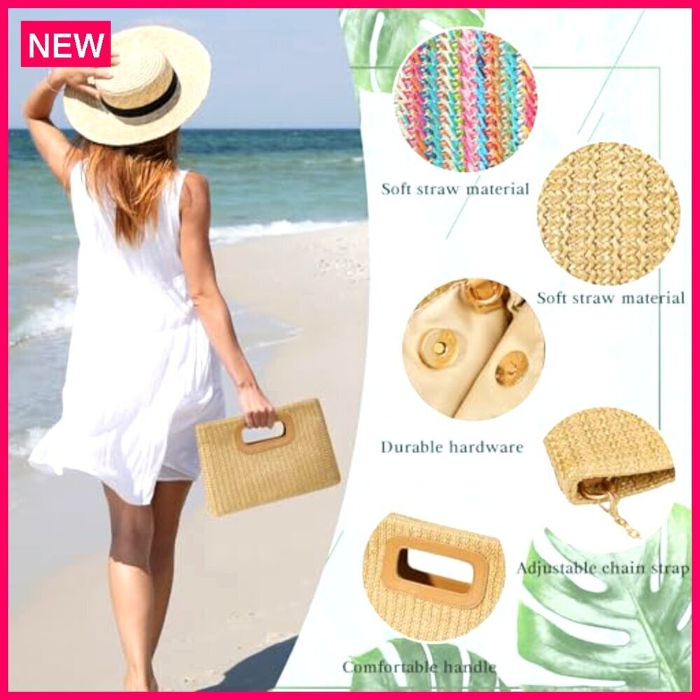 Top Handle Straw Clutch Purse with Detachable Shoulder Strap 11.3x7.5 - Picture 5 of 8